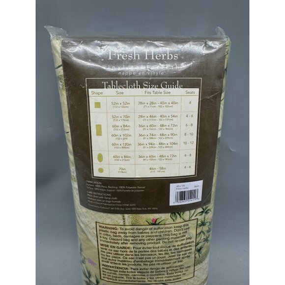 Fresh Herbs Vinyl Tablecloth 60" X 120" Oblong oval PVC-Free in package READ - Picture 3 of 4